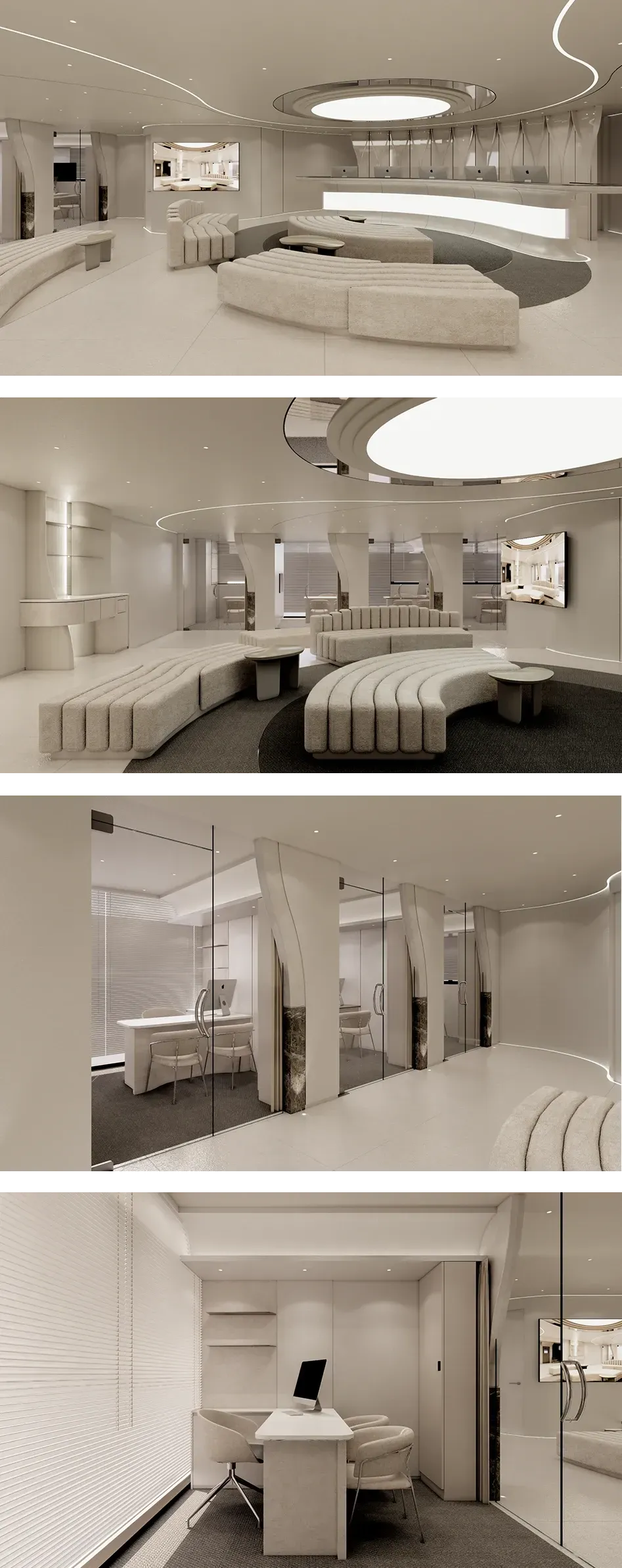 1F Welcome Lounge: เคาน์เตอร์ต้อนรับใต้โคมไฟเพดานทรงกลม โซฟาโค้ง ห้องให้คำปรึกษากั้นกระจก และโต๊ะให้คำปรึกษา