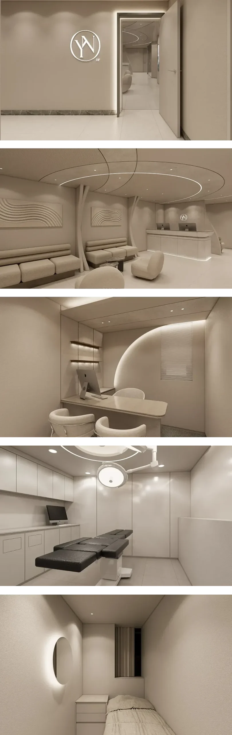2F Petit·Laser Lounge: ผนังโลโก้ข้างทางเข้า เลานจ์รอพร้อมโซฟา ห้องให้คำปรึกษา ห้องหัตถการพร้อมเตียงและจอแสดงผล ห้องส่วนตัวที่มีโคมไฟผนังทรงรี