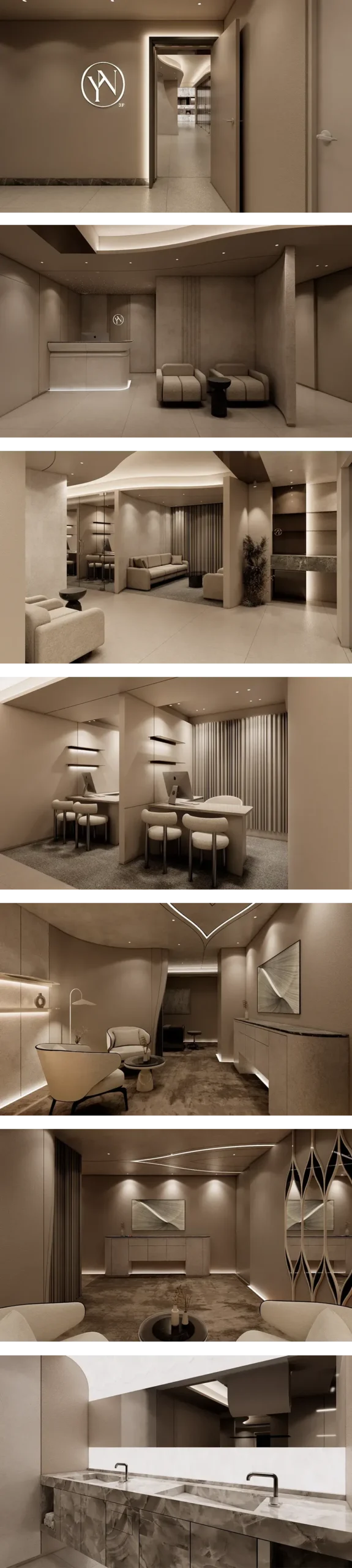 3F VIP·Anti-aging Lounge: ทางเดินผนังโลโก้ เคาน์เตอร์ต้อนรับโลโก้เรืองแสง เลานจ์พร้อมชั้นวางและโซฟา มุมให้คำปรึกษาโต๊ะกลม ห้องส่วนตัวพร้อมเก้าอี้อาร์มแชร์และม่าน เคาน์เตอร์อ่างล้างหน้าหินอ่อน