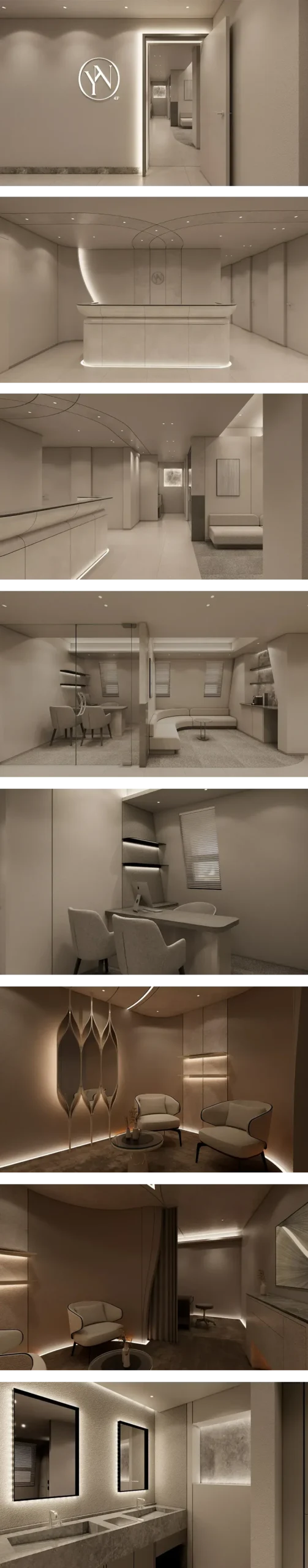 4F VIP·Miradry, Surgery Lounge: ทางเดินผนังโลโก้ เคาน์เตอร์ต้อนรับ ทางเดินโค้ง เลานจ์ที่นั่งโค้ง โต๊ะให้คำปรึกษา ห้องส่วนตัวพร้อมเก้าอี้อาร์มแชร์และฉากตกแต่ง อ่างล้างหน้าพร้อมกระจก