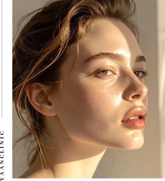 Close-up profile of a woman with glowing skin in soft sunlight